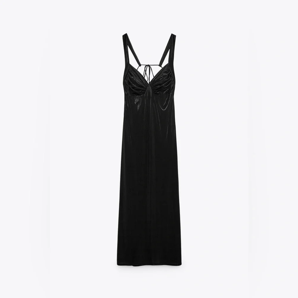 Zara NWT Long Ruched Dress in Black Metallic Maxi Open Back Size M Medium New - Picture 7 of 10